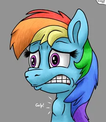 Size: 1674x1933 | Tagged: safe, artist:darkyboode32, derpibooru import, rainbow dash, pegasus, pony, bust, female, gray background, gulp, image, mare, neck bulge, png, scared, scaredy dash, simple background, solo, swallowing, throat bulge, worried