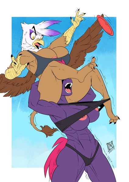 Size: 724x1024 | Tagged: questionable, artist:zwitterkitsune, gilda, tempest shadow, anthro, digitigrade anthro, gryphon, unicorn, abs, areola, areola slip, beak, big breasts, bikini, breasts, busty gilda, busty tempest shadow, cameltoe, carrying, cleavage, clothes, duo, duo female, female, females only, frisbee, image, jpeg, laughing, looking down, motion lines, muscles, muscular female, nipple slip, nipples, nudity, open beak, open mouth, piggyback ride, shoulder carry, spread wings, surprised, swimsuit, thighs, thunder thighs, wardrobe malfunction, wings