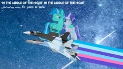 Size: 4000x2249 | Tagged: safe, artist:rarity3257, derpibooru import, oc, oc:sky dancer, oc:stardust falken, alicorn, pegasus, pony, angel of the night, couple, desktop background, father and child, father and daughter, female, galaxy, image, jet, jet fighter, male, night, photo, plane, png, real life background, song reference, starfall, stars, su-35, su-35s super flanker, sukhoi, wallpaper