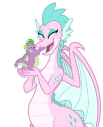 Size: 1920x2372 | Tagged: safe, artist:aleximusprime, derpibooru import, spike, oc, oc:queen chara, dragon, fanfic:go north young dragon, flurry heart's story, crying, dragon oc, dragoness, duo, duo male and female, eyes closed, fangs, fat, fat spike, female, holding a dragon, hug, image, male, mother and child, mother and son, non-pony oc, older, older spike, open mouth, png, reunion, simple background, size difference, spike's mother, tears of joy, transparent background, wide hips