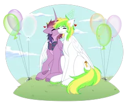 Size: 2625x2196 | Tagged: safe, artist:sparkie45, derpibooru import, oc, oc:ray of hope, oc:sparkie, alicorn, changeling, dragon, hybrid, pegasus, pony, balloon, birthday, gift art, happy birthday, image, png, present, shipping