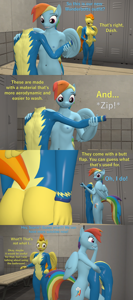 Size: 1920x4320 | Tagged: questionable, artist:papadragon69, derpibooru import, rainbow dash, spitfire, anthro, 3d, butt, butt flap, clothes, comic, firebutt, image, implied sex, implied shipping, implied soarin', implied soarindash, implied straight, locker room, misunderstanding, png, source filmmaker, uniform, wonderbolts uniform