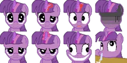 Size: 384x192 | Tagged: safe, artist:scootaloormayfly, derpibooru import, twilight sparkle, pony, unicorn, angry, cocaine, confused, creepy, creepy smile, drugs, exclamation point, image, pixel art, png, question mark, rpg maker, rpg maker vx ace, sad, simple background, smiling, sprite, surprised, transparent background, unicorn twilight