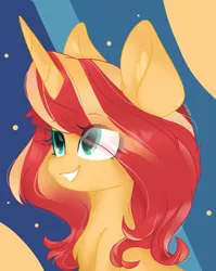 Size: 1314x1650 | Tagged: artist needed, source needed, safe, derpibooru import, sunset shimmer, pony, unicorn, bust, eye clipping through hair, image, jpeg, smiling, solo