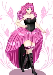 Size: 2894x4093 | Tagged: suggestive, artist:neog, derpibooru import, pinkie pie, human, breasts, busty pinkie pie, clothes, corset, cosplay, costume, dress, humanized, image, jpeg, saloon dress, saloon pinkie, simple background, solo, white background