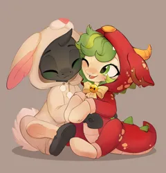 Size: 3889x4056 | Tagged: safe, artist:sofiko-ko, derpibooru import, oc, oc:karakusa, oc:whistle, unofficial characters only, changeling, earth pony, nymph, pony, animal costume, bell, blushing, bunny costume, clothes, costume, dragon costume, female, filly, foal, green eyes, hug, image, jpeg, nuzzling, pajamas