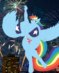 Size: 2400x3000 | Tagged: suggestive, artist:foxfencer, artist:speedbumpv-drop, derpibooru import, rainbow dash, anthro, 4th of july, background, big breasts, breasts, busty rainbow dash, city, clothes, female, fireworks, holiday, huge breasts, hyper, hyper breasts, image, impossibly large breasts, independence day, metro, patriotic, png, real life background, solo, solo female, sparkler (firework), spread wings, stars, striped underwear, underwear, wings