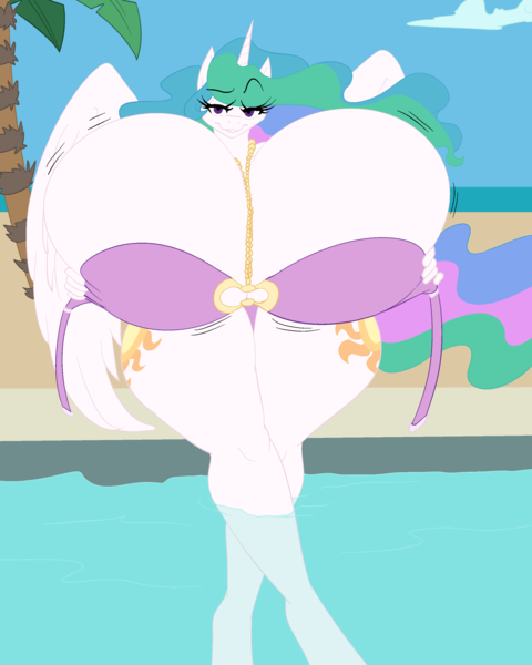 Size: 2400x3000 | Tagged: questionable, artist:foxfencer, artist:speedbumpv-drop, color edit, derpibooru import, edit, princess celestia, anthro, beads, bedroom eyes, big breasts, bouncing, bouncing breasts, bra, breasts, busty princess celestia, clothes, cloud, colored, female, huge breasts, hyper, hyper breasts, image, impossibly large breasts, looking at you, oasis, palm tree, png, poolside, solo, solo female, swimming pool, swimsuit, tree, underwear, wardrobe malfunction