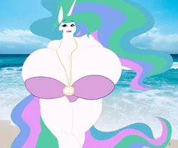 Size: 4808x4000 | Tagged: suggestive, artist:freehdmcgee, artist:speedbumpv-drop, color edit, derpibooru import, edit, princess celestia, anthro, unguligrade anthro, background, beach, beads, big breasts, bra, breasts, busty princess celestia, clothes, colored, female, huge breasts, hyper, hyper breasts, image, impossibly large breasts, looking at you, ocean, png, solo, solo female, swimsuit, underwear, water