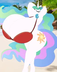 Size: 2400x3000 | Tagged: suggestive, artist:foxfencer, artist:speedbumpv-drop, color edit, derpibooru import, edit, princess celestia, anthro, unguligrade anthro, beach, big breasts, bra, breasts, busty princess celestia, clothes, colored, eyes closed, female, gradient mane, huge breasts, hyper, hyper breasts, image, impossibly large breasts, palm tree, png, real life background, solo, solo female, stretching, tree, underwear, wingless alicorn