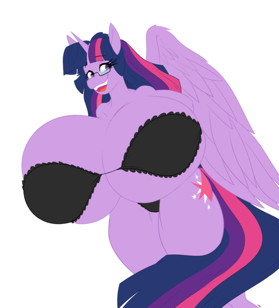 Size: 4072x4500 | Tagged: suggestive, artist:freehdmcgee, artist:speedbumpv-drop, color edit, derpibooru import, edit, twilight sparkle, twilight sparkle (alicorn), alicorn, big breasts, bra, breasts, busty twilight sparkle, clothes, colored, female, frilly bra, glasses, huge breasts, hyper, hyper breasts, image, impossibly large breasts, panties, png, simple background, solo, solo female, transparent background, underwear
