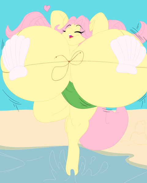 Size: 2400x3000 | Tagged: questionable, artist:foxfencer, artist:speedbumpv-drop, color edit, derpibooru import, edit, fluttershy, anthro, absolute cleavage, arm behind head, beach, big breasts, bouncing, bouncing breasts, bra, breasts, busty fluttershy, cleavage, clothes, colored, eyes closed, female, flowing mane, heart, hopping, huge breasts, hyper, hyper breasts, image, impossibly large breasts, png, running, sandcastle, seashell bra, solo, solo female, splash, underwear
