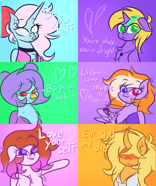 Size: 2580x3090 | Tagged: safe, artist:iceflower99, derpibooru import, oc, oc:buggy brush, oc:darky spell, oc:foggy bismuth, oc:june griffon, oc:sunrise goldhearts, oc:zweet beatz, unofficial characters only, demon, demon pony, gryphon, original species, pegasus, pony, unicorn, birb, chest fluff, choker, clothes, curved horn, daemonequus, dissonant caption, ear fluff, griffon oc, heterochromia, horn, image, inspirational, jewelry, long horn, necklace, one of these things is not like the others, pegasus oc, png, shoulder fluff, sweater, text, unicorn oc, vulgar, wings