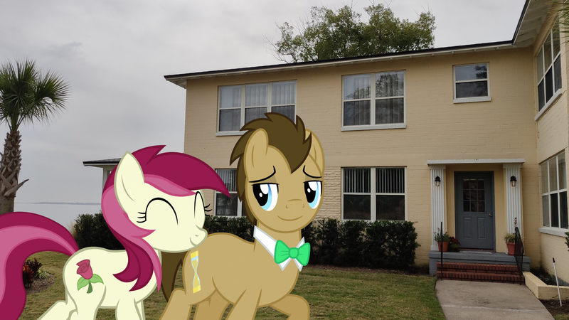 Size: 2048x1152 | Tagged: safe, artist:dashiesparkle, artist:jaredking779, artist:ocarina0ftimelord, derpibooru import, doctor whooves, roseluck, time turner, earth pony, pony, bowtie, eyes closed, female, florida, house, image, irl, jacksonville, jpeg, male, mare, photo, ponies in real life, smiling, stallion