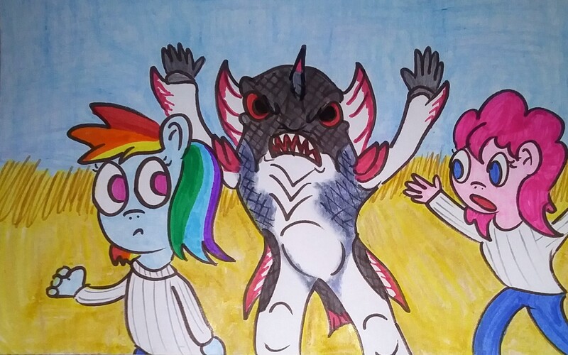 Size: 2307x1443 | Tagged: safe, artist:dex stewart, derpibooru import, pinkie pie, rainbow dash, anthro, image, jpeg, mighty morphin power rangers, monster, pirantishead, power rangers, traditional art