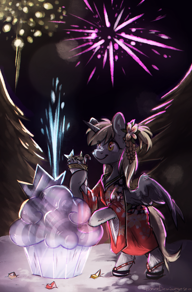 Size: 1462x2228 | Tagged: safe, artist:lonerdemiurge_nail, derpibooru import, derpy hooves, alicorn, pony, alicornified, bipedal, bipedal leaning, clothes, derpicorn, female, fireworks, food, hoof hold, ice sculpture, image, kimono (clothing), leaning, mare, muffin, new year, png, race swap, smiling, solo