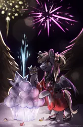 Size: 1462x2228 | Tagged: safe, artist:lonerdemiurge_nail, derpibooru import, derpy hooves, alicorn, pony, alicornified, bipedal, bipedal leaning, clothes, derpicorn, female, fireworks, food, hoof hold, ice sculpture, image, kimono (clothing), leaning, mare, muffin, new year, png, race swap, smiling, solo
