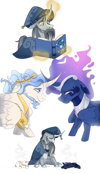Size: 1280x2226 | Tagged: safe, artist:primrosepaper, derpibooru import, princess celestia, princess luna, star swirl the bearded, oc, oc:king morningtide, oc:queen umbra, alicorn, pony, unicorn, baby, baby pony, book, celestia and luna's father, celestia and luna's mother, cewestia, crying, female, filly, foal, horn, horns are touching, image, male, mare, png, stallion, story included, woona, younger
