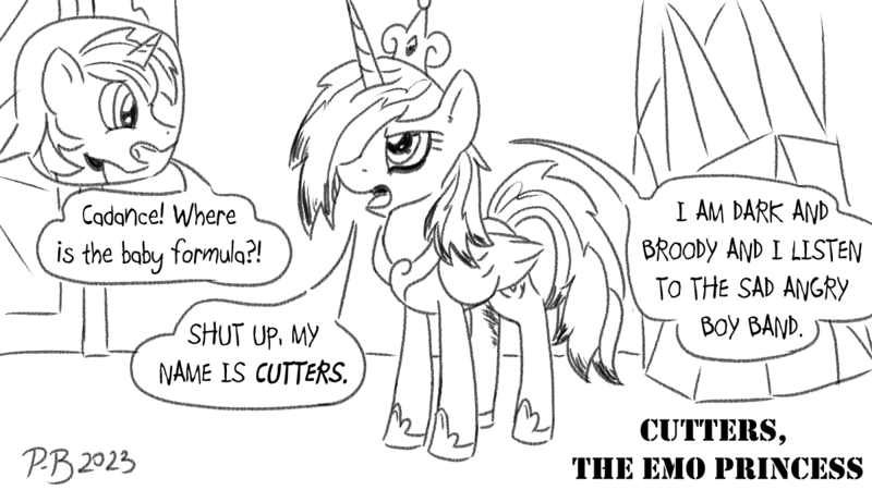 Size: 1200x675 | Tagged: safe, artist:pony-berserker, derpibooru import, princess cadance, shining armor, alternate hairstyle, crystal empire, emo, image, monochrome, png, pony-berserker's twitter sketches, pony-berserker's twitter sketches (2023), speech bubble