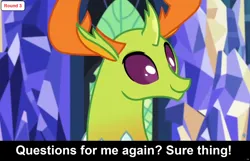 Size: 1920x1235 | Tagged: safe, derpibooru import, edit, edited screencap, screencap, thorax, changedling, changeling, comic:celestia's servant interview, triple threat, caption, cs captions, cute, cuteling, detailed background, image, image macro, interview, king thorax, male, png, smiling, solo, text, twilight's castle