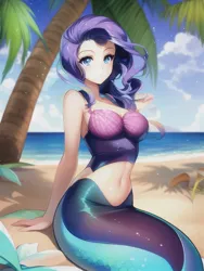 Size: 512x682 | Tagged: suggestive, derpibooru import, editor:sammykun, machine learning generated, novelai, stable diffusion, rarity, human, mermaid, equestria girls, bare shoulders, beach, beautiful, breasts, busty rarity, clothes, female, fins, fish tail, high res, humanized, humanoid, image, jpeg, looking at you, mermaid tail, mermaidized, midriff, palm tree, reasonably sized breasts, sand, scales, sexy, shirt, sitting, sleeveless, smiling, solo, solo female, species swap, swimsuit, tail, tree, water, wave