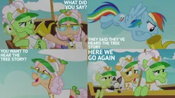 Size: 2000x1125 | Tagged: safe, derpibooru import, edit, edited screencap, editor:quoterific, screencap, apple rose, auntie applesauce, goldie delicious, granny smith, rainbow dash, grannies gone wild, image, png