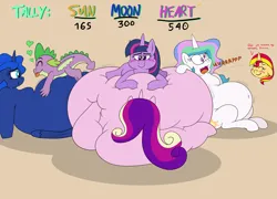 Size: 4218x3037 | Tagged: suggestive, artist:rupertbluefox, derpibooru import, princess cadance, princess celestia, princess luna, spike, sunset shimmer, twilight sparkle, twilight sparkle (alicorn), alicorn, dragon, pony, unicorn, series:sunsmoons&heartbellyballoons, belly, belly bed, belly button, belly to belly, big belly, blushing, burp, chibi, chubby cheeks, cute, dialogue, eyes closed, fat, fat fetish, female, fetish, group, high res, huge belly, image, impossibly large belly, incentive drive, looking at someone, lying down, male, missing accessory, morbidly obese, obese, offscreen character, on top, onomatopoeia, png, princess decadence, princess moonpig, prone, shimmerbetes, smiling, speech bubble, spikabetes, squished, squishy, this ended in weight gain, this will end in weight gain, tongue out, wall of tags, weight gain, winged spike, wings