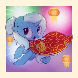 Size: 2000x2000 | Tagged: safe, artist:candy meow, derpibooru import, trixie, pony, unicorn, :d, bag, chest fluff, chinese new year, cloak, clothes, ear fluff, fireworks, high res, image, lantern, lunar new year, open mouth, open smile, paper lantern, png, smiling, solo