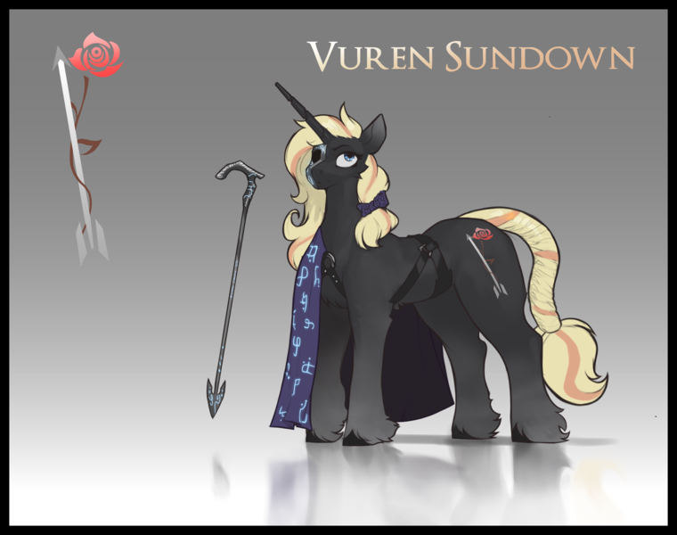 Size: 3800x3000 | Tagged: safe, artist:nsilverdraws, artist:veen, derpibooru import, oc, oc:vuren sundown, unofficial characters only, pony, unicorn, arrow, bowtie, buckle, cane, cloak, clothes, female, gradient background, horn, image, long horn, magic, mare, mask, png, reflection, runes, solo, sundown clan