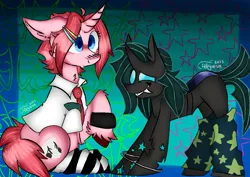 Size: 1353x957 | Tagged: safe, artist:4agonism, derpibooru import, oc, oc:kishi sekatsu, oc:suru kansatsu, ponified, unofficial characters only, changeling, pony, unicorn, anime, bracelet, changeling oc, clothes, curved horn, duo, duo female, fangs, female, floppy ears, gradient background, hairpin, horn, image, jewelry, leg warmers, mare, my hero academia, png, raised hoof, smug, socks, stars, unicorn oc, uniform, wingless changeling, wristband
