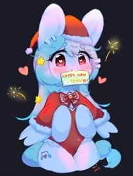 Size: 1546x2048 | Tagged: safe, alternate version, artist:bubbletea, derpibooru import, oc, oc:uki, unofficial characters only, pegasus, pony, blushing, christmas, happy new year, hat, heart, holiday, image, jpeg, mouth hold, santa hat, solo