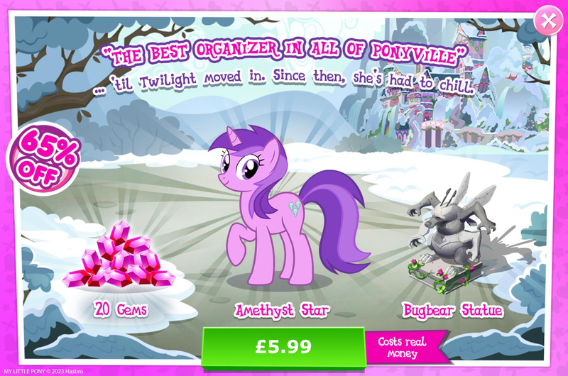 Size: 1956x1297 | Tagged: safe, derpibooru import, official, amethyst star, bugbear, pony, unicorn, advertisement, costs real money, english, female, flower, gameloft, gem, horn, image, jpeg, mare, mobile game, my little pony: magic princess, numbers, sale, solo, solo focus, statue, text