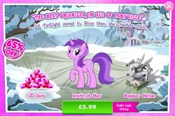 Size: 1956x1297 | Tagged: safe, derpibooru import, official, amethyst star, bugbear, pony, unicorn, advertisement, costs real money, english, female, flower, gameloft, gem, horn, image, jpeg, mare, mobile game, my little pony: magic princess, numbers, sale, solo, solo focus, statue, text