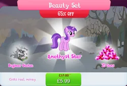 Size: 1263x856 | Tagged: safe, derpibooru import, official, amethyst star, bugbear, pony, unicorn, bundle, costs real money, english, female, flower, gameloft, gem, horn, image, jpeg, mare, mobile game, my little pony: magic princess, numbers, sale, solo, solo focus, statue, text