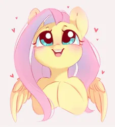 Size: 961x1061 | Tagged: safe, artist:melodylibris, derpibooru import, fluttershy, pegasus, pony, blushing, bust, ear blush, female, full face view, g4, heart, image, jpeg, looking up, mare, open mouth, open smile, simple background, smiling, solo, white background, wings