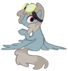 Size: 409x428 | Tagged: safe, artist:anonymous, derpibooru import, dust devil, pegasus, pony, female, goggles, goggles on head, image, looking at you, looking back, looking back at you, mare, png, raised hoof, simple background, sitting, smiling, smiling at you, solo, white background, wings