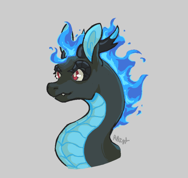 Size: 776x736 | Tagged: safe, artist:rainfallbeats, derpibooru import, dragon, hybrid, longma, them's fightin' herds, alternate color palette, blue fire, bust, community related, fiery mane, fire, gray background, image, png, red eyes, signature, simple background, solo, tianhuo (tfh)