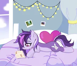 Size: 5178x4416 | Tagged: safe, artist:pritonhells, derpibooru import, oc, oc:dreaming bell, unofficial characters only, pony, unicorn, base used, bed, bed sheets, bedroom, book, commission, cute, female, heart, heart pillow, horn, image, lying down, mare, photos, pillow, png, reading, relaxing, solo, unicorn oc, ych result