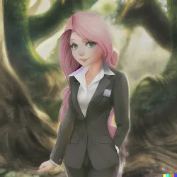 Size: 1024x1024 | Tagged: safe, dall-e 2, derpibooru import, editor:jesterofdestiny, machine learning generated, stable diffusion, fluttershy, business suit, clothes, forest, forest background, image, looking at you, name tag, png, suit, tree