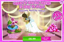 Size: 1959x1301 | Tagged: safe, derpibooru import, official, matilda, donkey, advertisement, bush, clothes, costs real money, dress, ear piercing, earring, english, eyeshadow, female, flower, fountain, gameloft, gem, image, jenny, jewelry, jpeg, makeup, mobile game, my little pony: magic princess, numbers, piercing, sale, solo, solo focus, statue, text, veil, wedding dress