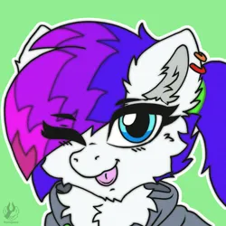 Size: 2000x2000 | Tagged: safe, artist:sorajona, derpibooru import, oc, oc:sugar, oc:sugar rush, pegasus, :p, adorable face, blue eyes, chest fluff, clothes, cute, ear fluff, eyelashes, fluffy, hoodie, image, looking at you, makeup, one eye closed, piercing, png, ponytail, solo, tongue out, white fur, wink, winking at you