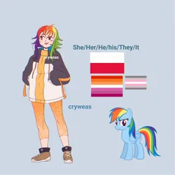 Size: 2048x2048 | Tagged: safe, artist:cryweas, derpibooru import, rainbow dash, human, pegasus, pony, alternate hairstyle, blue background, clothes, demigirl, demigirl pride flag, female, humanized, image, jacket, jpeg, leggings, lesbian pride flag, mare, poland, pride, pride flag, pronouns, reference sheet, shoes, simple background, sneakers, solo, solo female, sweater