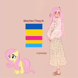 Size: 2048x2048 | Tagged: safe, artist:cryweas, derpibooru import, fluttershy, human, pegasus, pony, alternate hairstyle, blushing, clothes, feet, female, humanized, image, jpeg, mare, pansexual, pansexual pride flag, pink background, pride, pride flag, pronouns, reference sheet, sandals, shirt, simple background, skirt, solo, solo female, ukraine