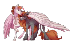 Size: 2600x1500 | Tagged: safe, artist:uunicornicc, derpibooru import, oc, unofficial characters only, pegasus, pony, unicorn, coat markings, couple, duo, duo male and female, eyes closed, female, forehead kiss, grumpy, horn, hug, image, kissing, leonine tail, male, pegasus oc, png, simple background, straight, transparent background, unicorn oc, unshorn fetlocks, winghug, wings