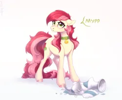 Size: 2430x2004 | Tagged: safe, artist:sparkling_light, derpibooru import, roseluck, pony, behaving like a cat, broken vase, collar, commission, commissioner:doom9454, cute, cyrillic, floppy ears, image, pet tag, png, pony pet, purring, rosepet, russian, solo, translated in the description