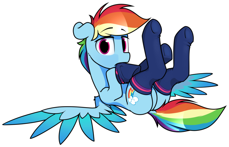 Size: 5406x3483 | Tagged: safe, artist:dacaoo, derpibooru import, rainbow dash, pegasus, pony, clothes, colored wings, dock, featureless crotch, female, image, looking at you, lying down, mare, multicolored wings, on back, png, simple background, socks, solo, tail, transparent background, wings