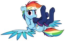 Size: 5406x3483 | Tagged: safe, artist:dacaoo, derpibooru import, rainbow dash, pegasus, pony, clothes, colored wings, dock, featureless crotch, female, image, looking at you, lying down, mare, multicolored wings, on back, png, simple background, socks, solo, tail, transparent background, wings