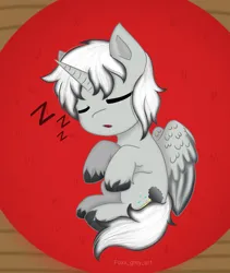 Size: 1487x1760 | Tagged: safe, artist:foxx_grey_art, derpibooru import, oc, unofficial characters only, alicorn, alicorn oc, commission, gray coat, horn, image, jpeg, onomatopoeia, sleeping, snoring, sound effects, white mane, wings, ych result, your character here, zzz