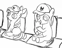 Size: 1280x984 | Tagged: safe, artist:rylice, derpibooru import, apple bloom, babs seed, earth pony, pony, adorababs, baseball cap, cap, cousins, cute, female, filly, foal, hat, image, jpeg, lineart, sitting