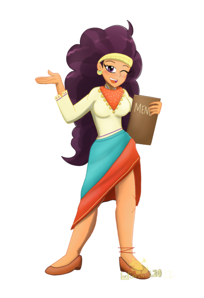 Size: 1399x2044 | Tagged: safe, artist:lordshrekzilla20, derpibooru import, saffron masala, equestria girls, clothes, female, image, menu, png, simple background, skirt, solo, transparent background